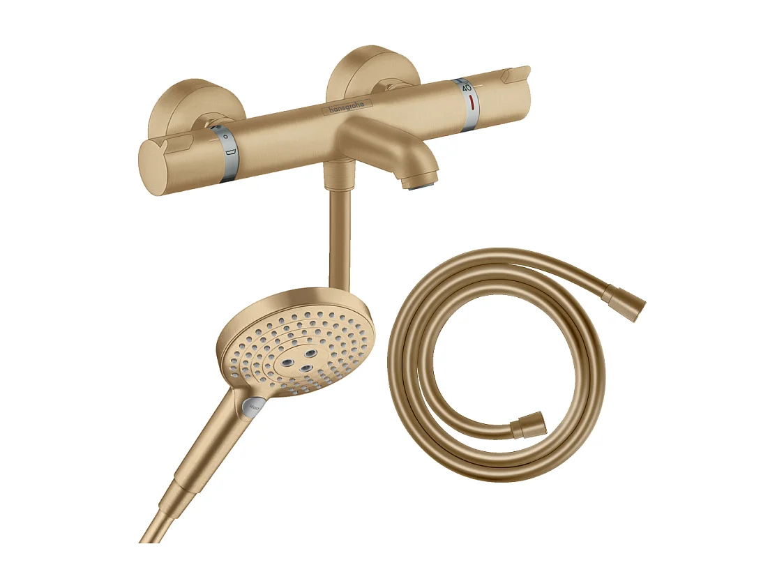 Pack mitigeur bain douche thermostatique HANSGROHE Ecostat Comfort + Flexible Isiflex + Pommeau Raindance Select 3jets bronze