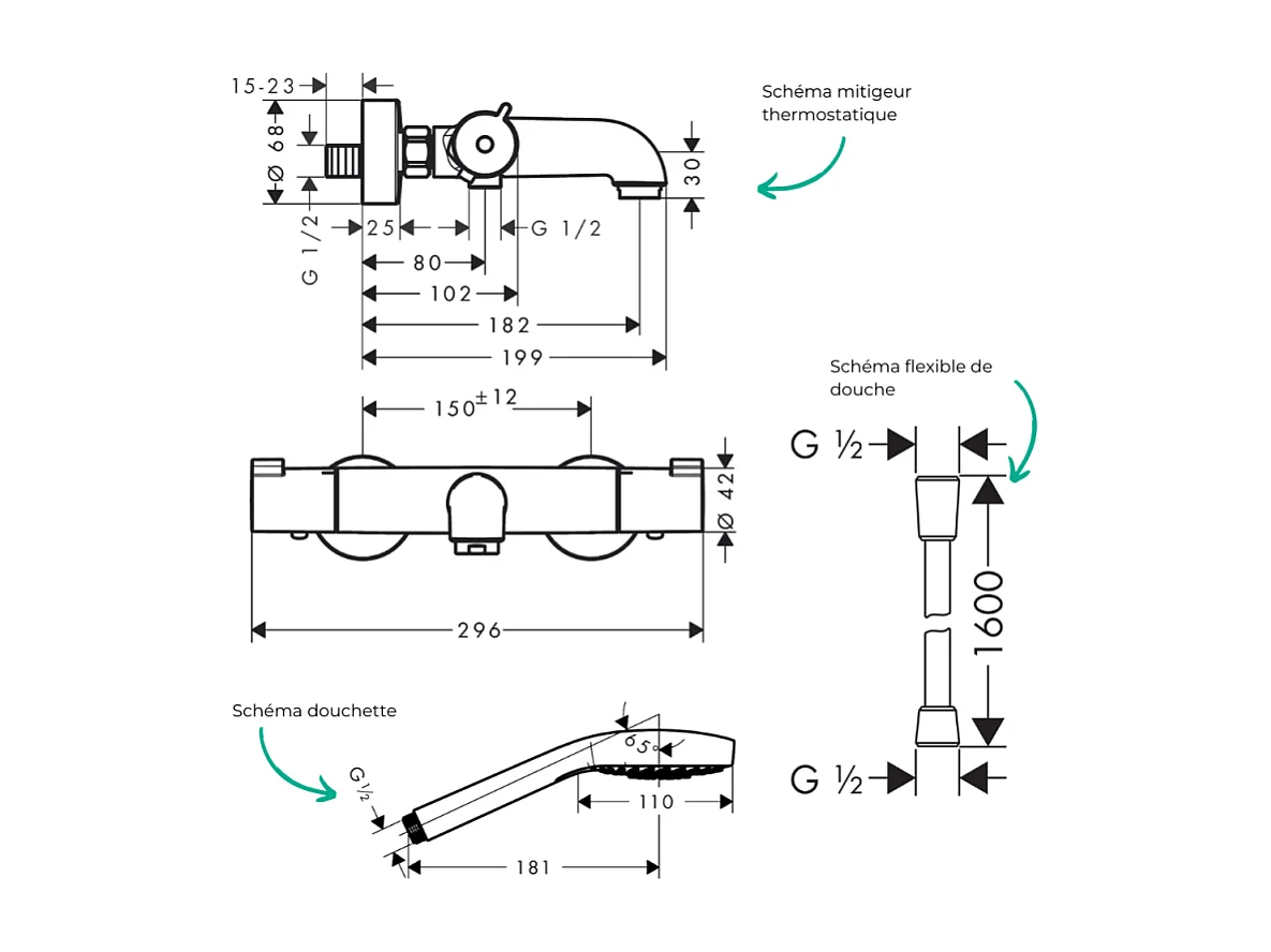 Pack mitigeur bain thermostatique HANSGROHE Ecostat 1001CL + Flexible Isiflex + Pommeau Croma Select E EcoSmart blanc/chromé
