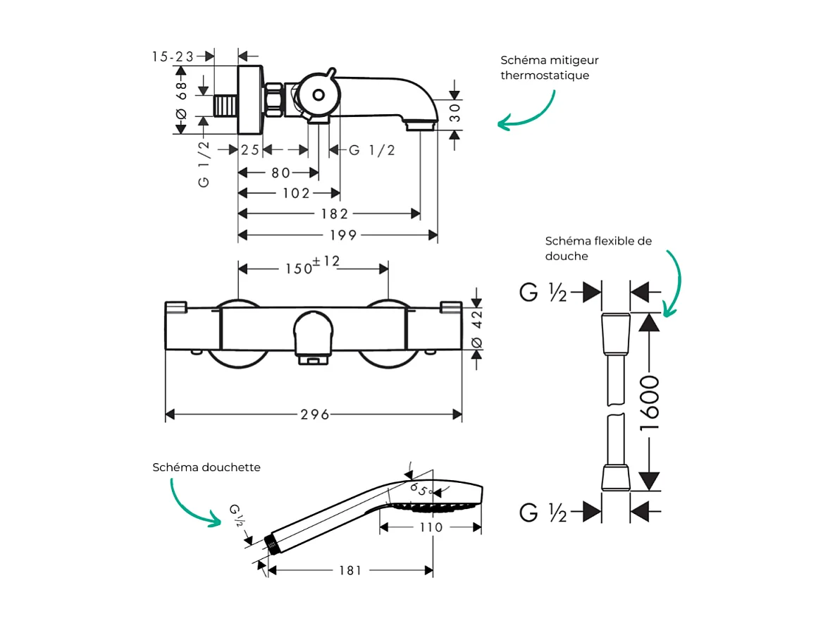 Pack mitigeur bain thermostatique HANSGROHE Ecostat 1001CL + Flexible Isiflex + Pommeau Croma Select E EcoSmart blanc/chromé