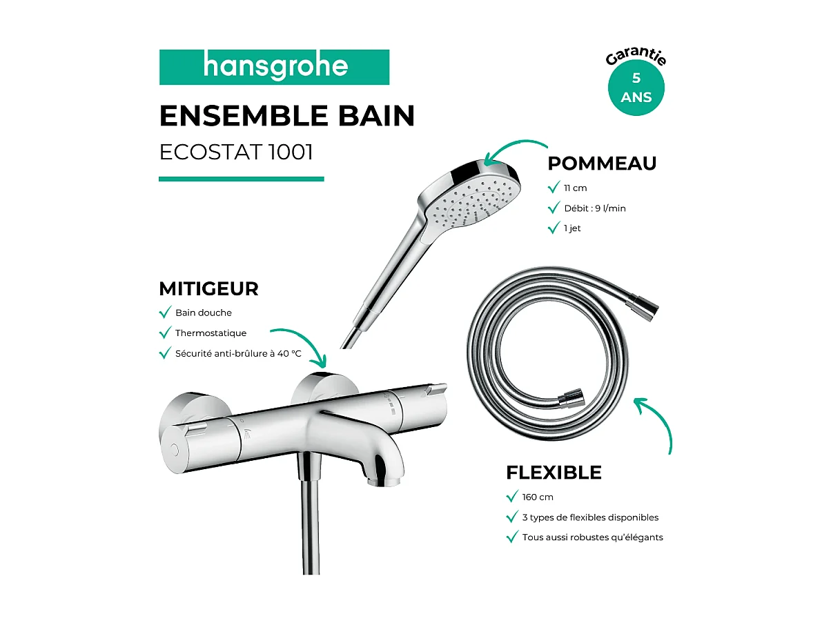 Pack mitigeur bain thermostatique HANSGROHE Ecostat 1001CL + Flexible Isiflex + Pommeau Croma Select E EcoSmart blanc/chromé