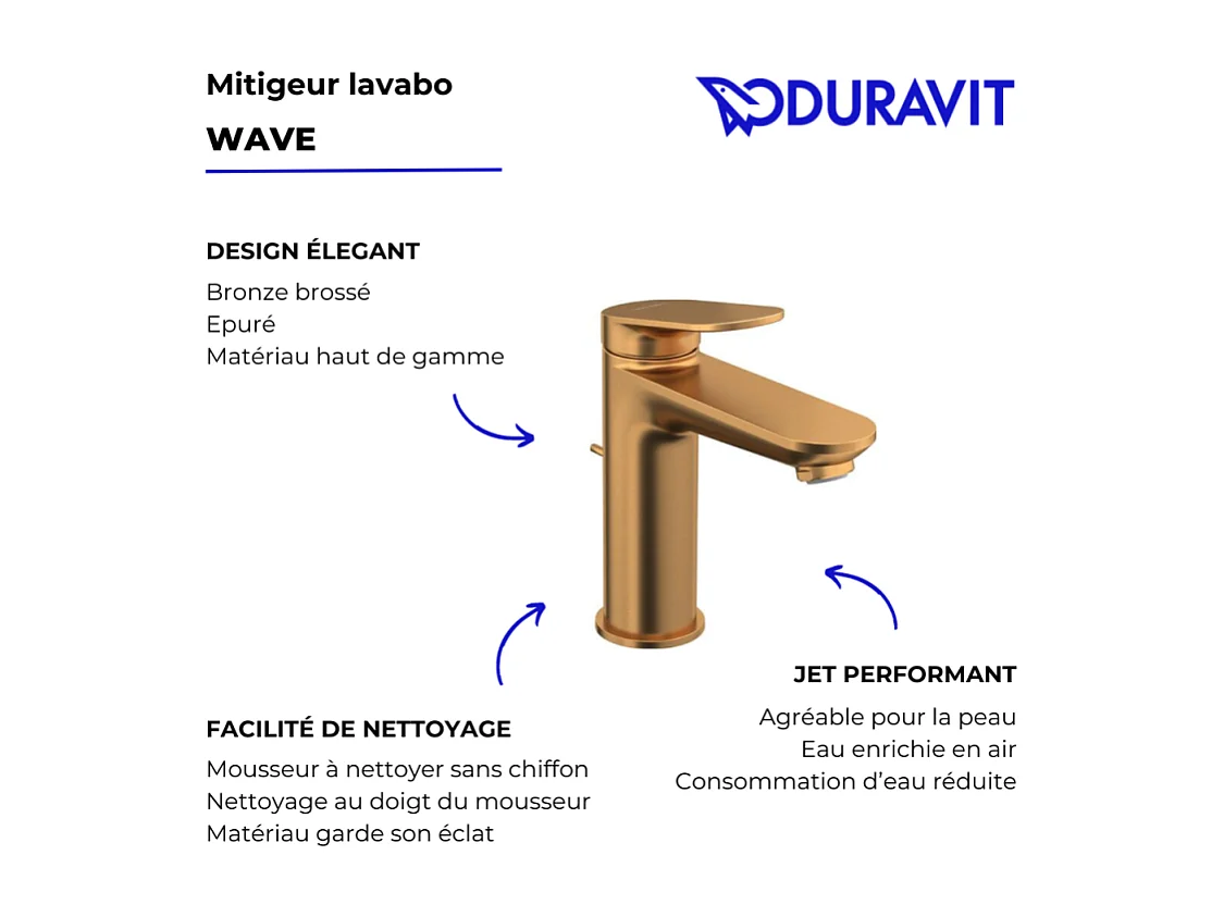 Mezclador de lavabo DUVARIT Wave M con desagüe de bronce cepillado
