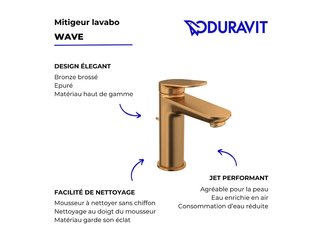 Mezclador de lavabo DUVARIT Wave M con desagüe de bronce cepillado