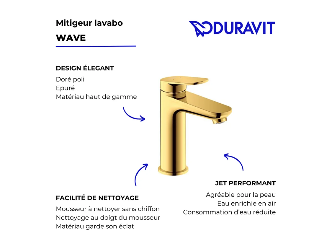 Mezclador de lavabo DUVARIT Wave M sin desagüe oro pulido