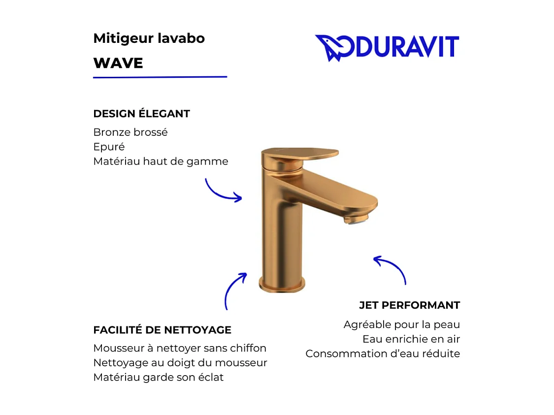 Mitigeur lavabo DUVARIT Wave M sans vidage bronze brossé