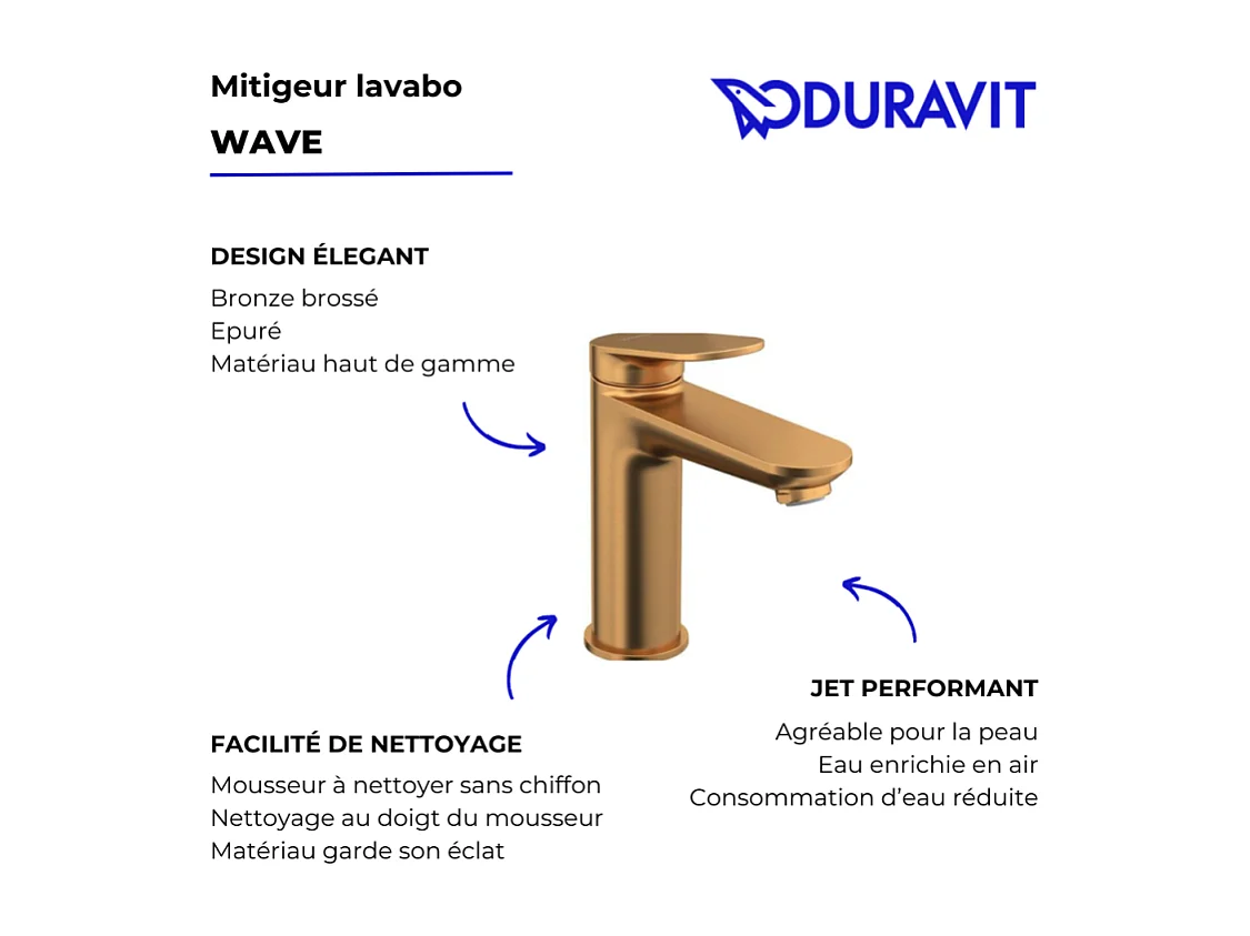 Mitigeur lavabo DUVARIT Wave M sans vidage bronze brossé