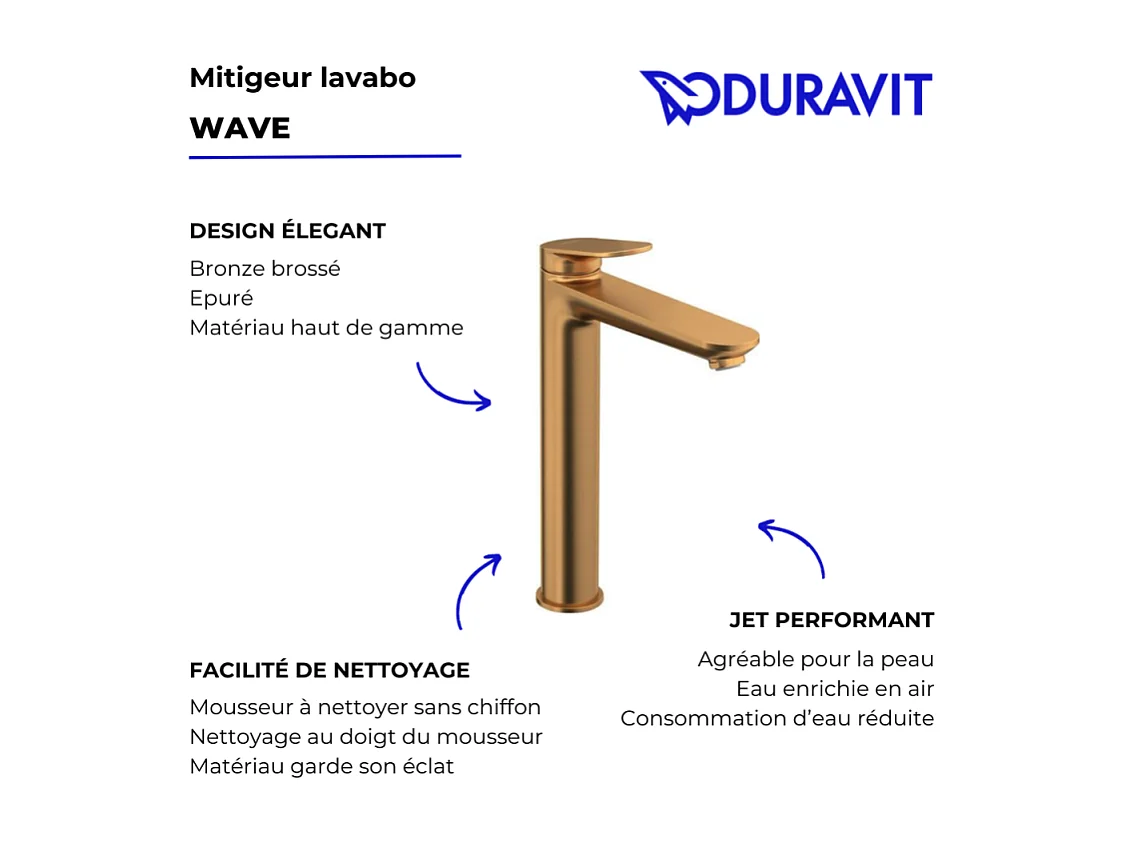 Mezclador de lavabo DUVARIT Wave XL sin vaciador bronce cepillado
