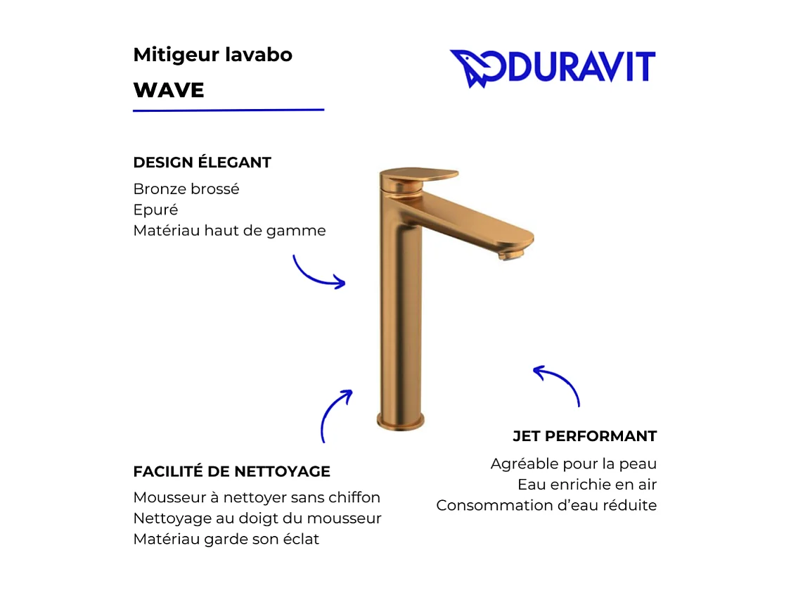 Mezclador de lavabo DUVARIT Wave XL sin vaciador bronce cepillado