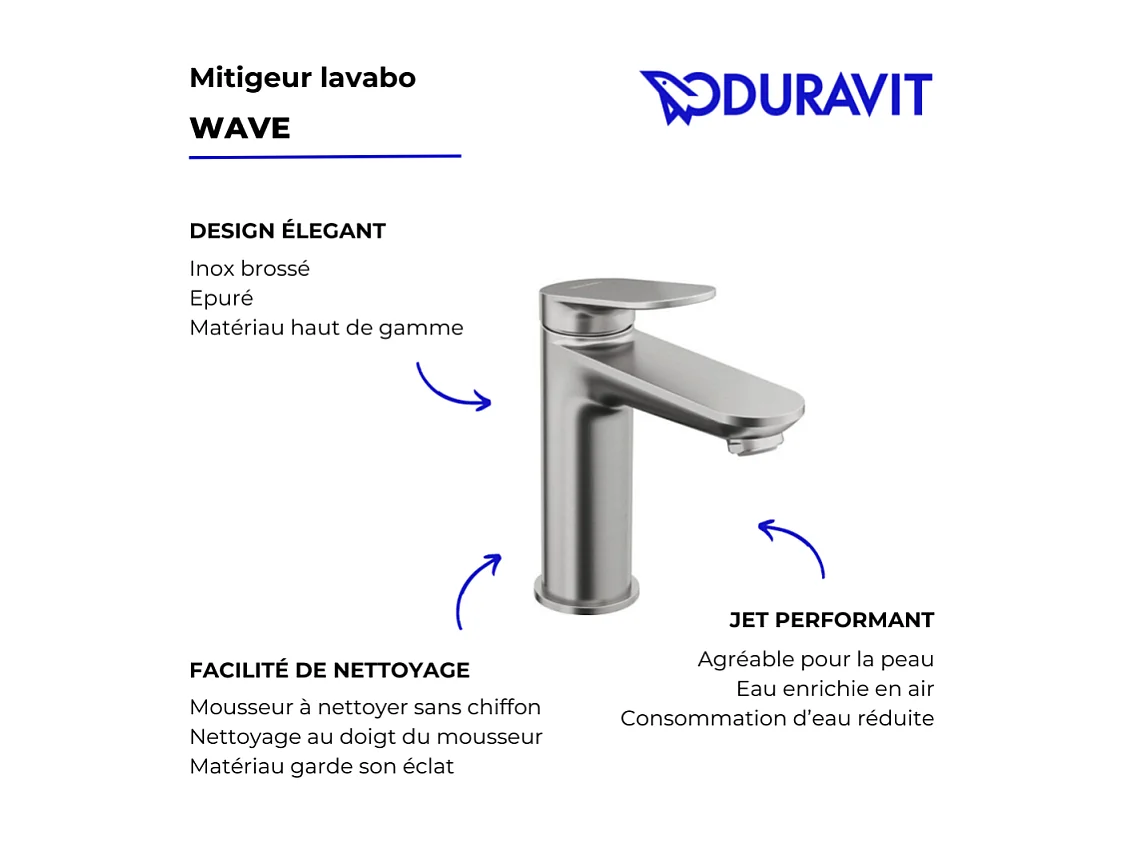 Mitigeur lavabo DUVARIT Wave M sans vidage inox brossé