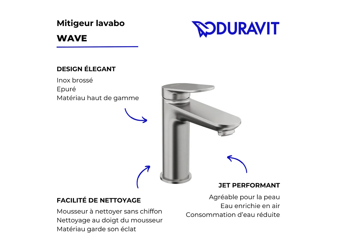 Mitigeur lavabo DUVARIT Wave M sans vidage inox brossé