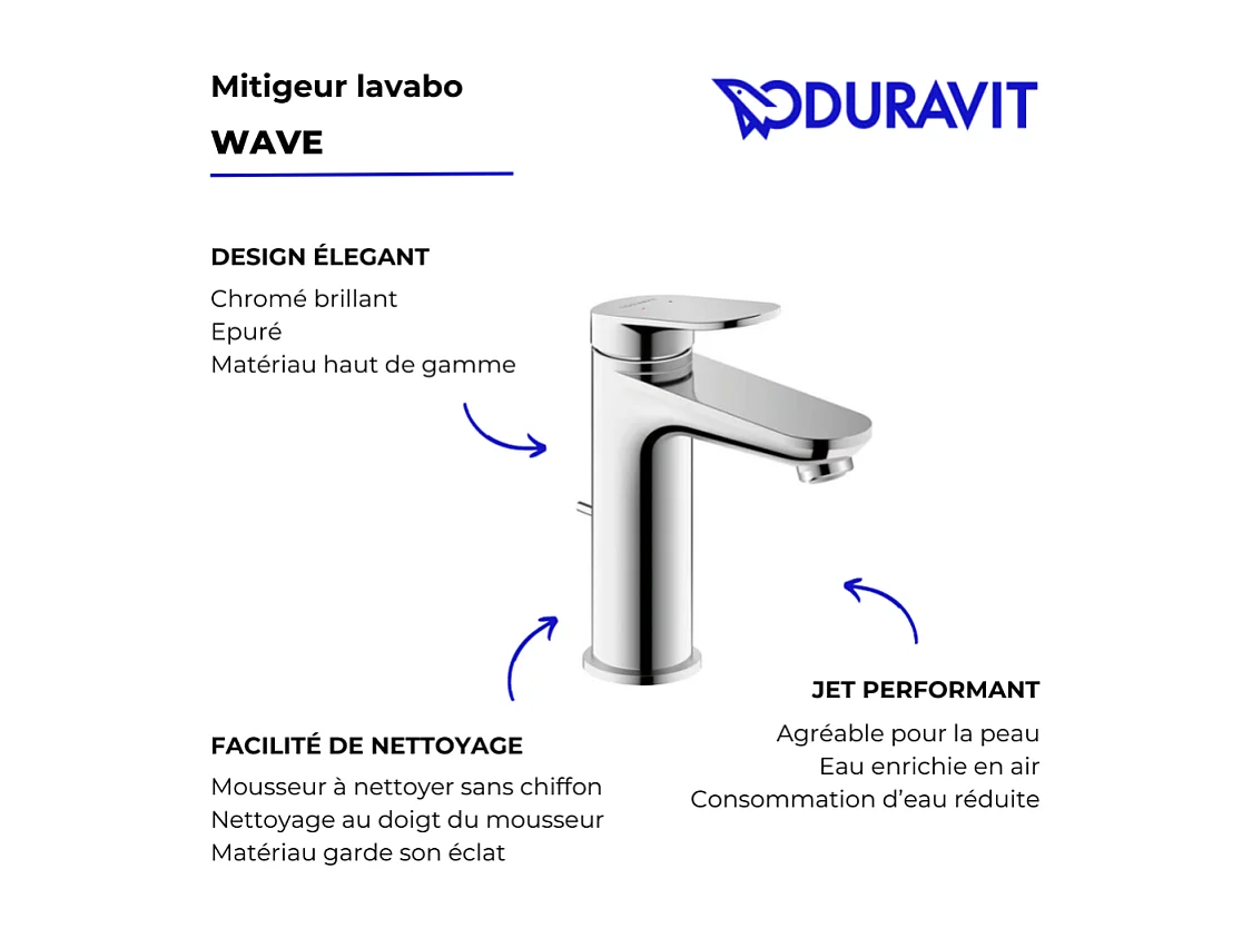 Mitigeur lavabo DUVARIT Wave M avec vidage chromé brillant