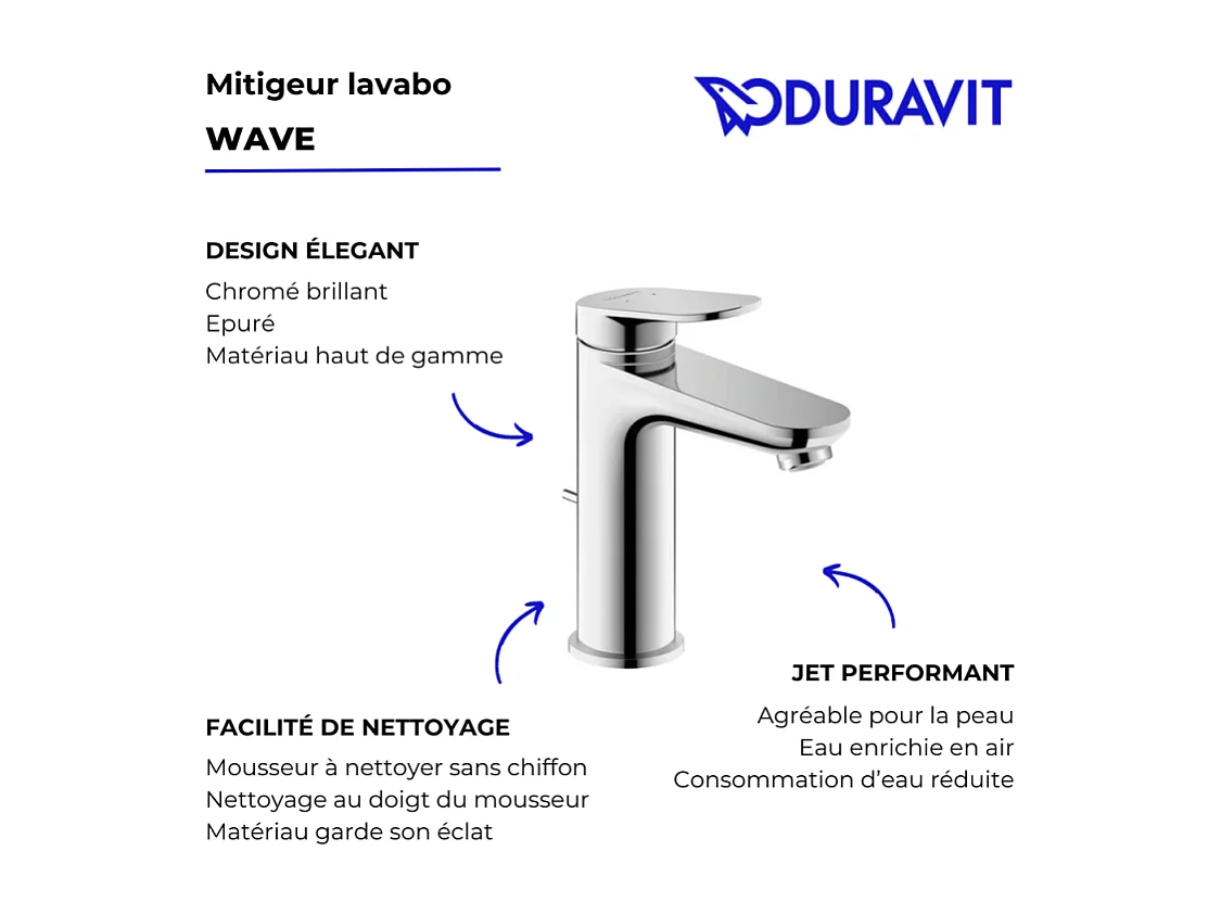 Mitigeur lavabo DUVARIT Wave M avec vidage chromé brillant
