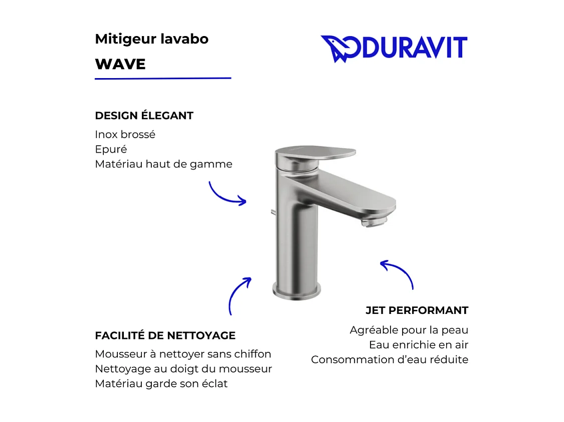 Mitigeur lavabo DUVARIT Wave M avec vidage inox brossé
