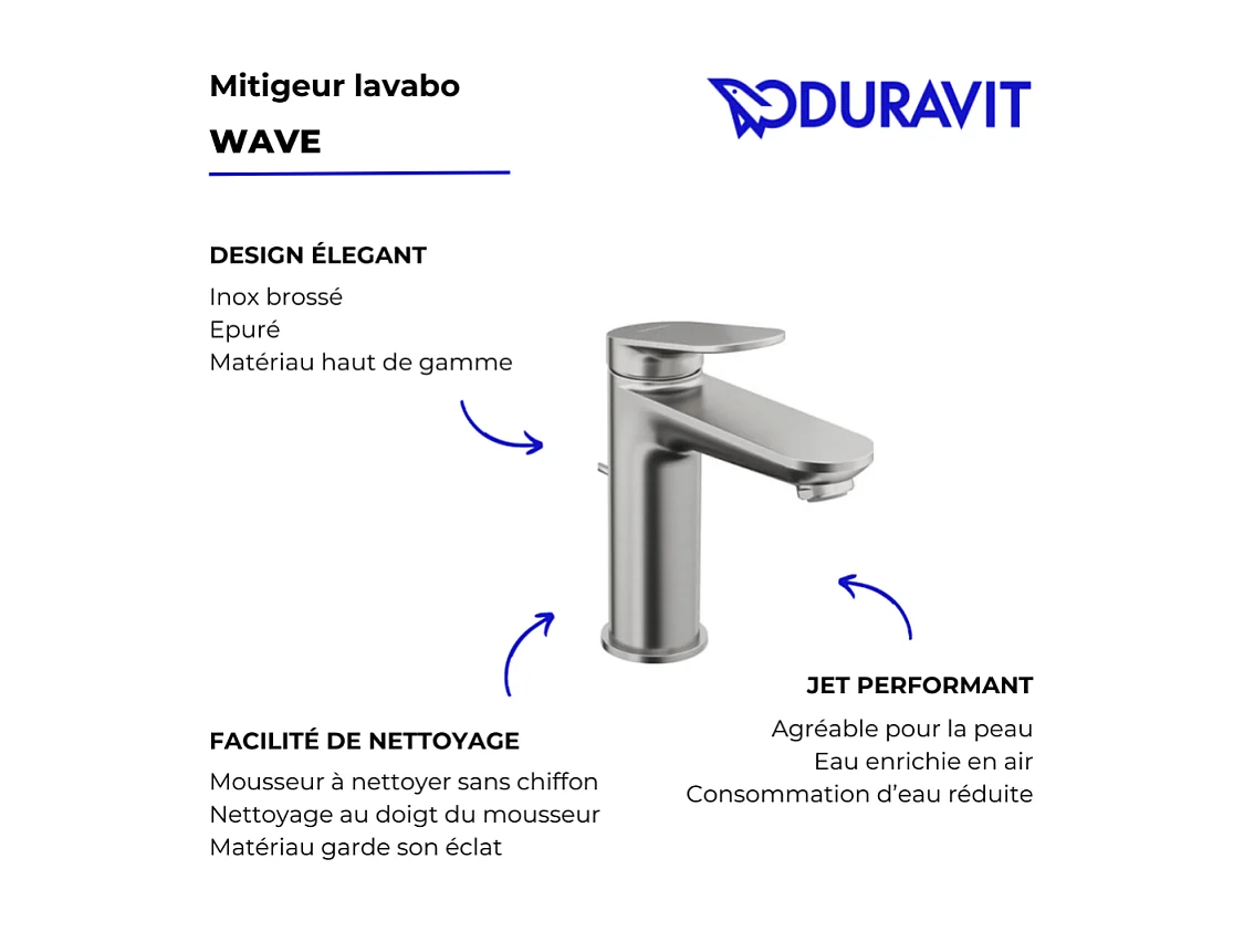 Mitigeur lavabo DUVARIT Wave M avec vidage inox brossé