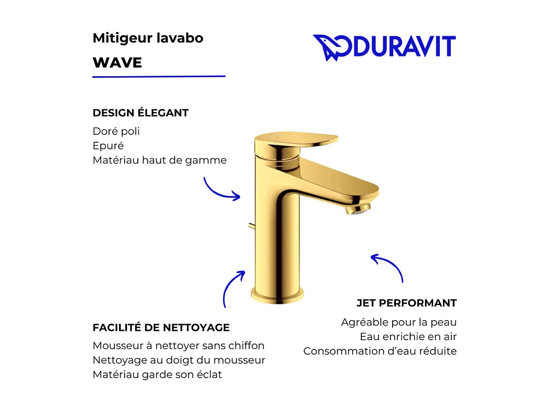 Mitigeur lavabo DUVARIT Wave M avec vidage doré poli