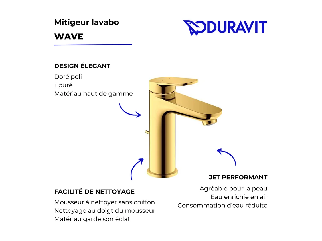 Mitigeur lavabo DUVARIT Wave M avec vidage doré poli