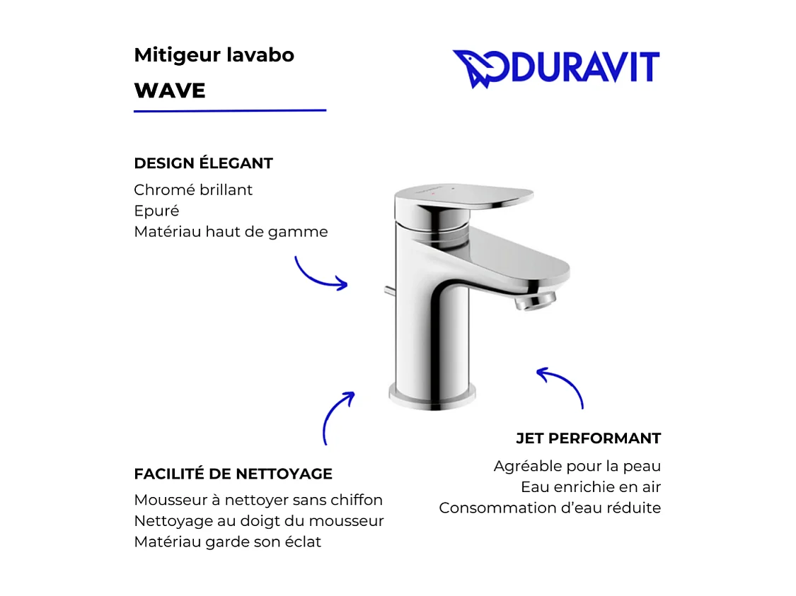 Mitigeur lavabo DURAVIT Wave S avec vidage chromé brillant