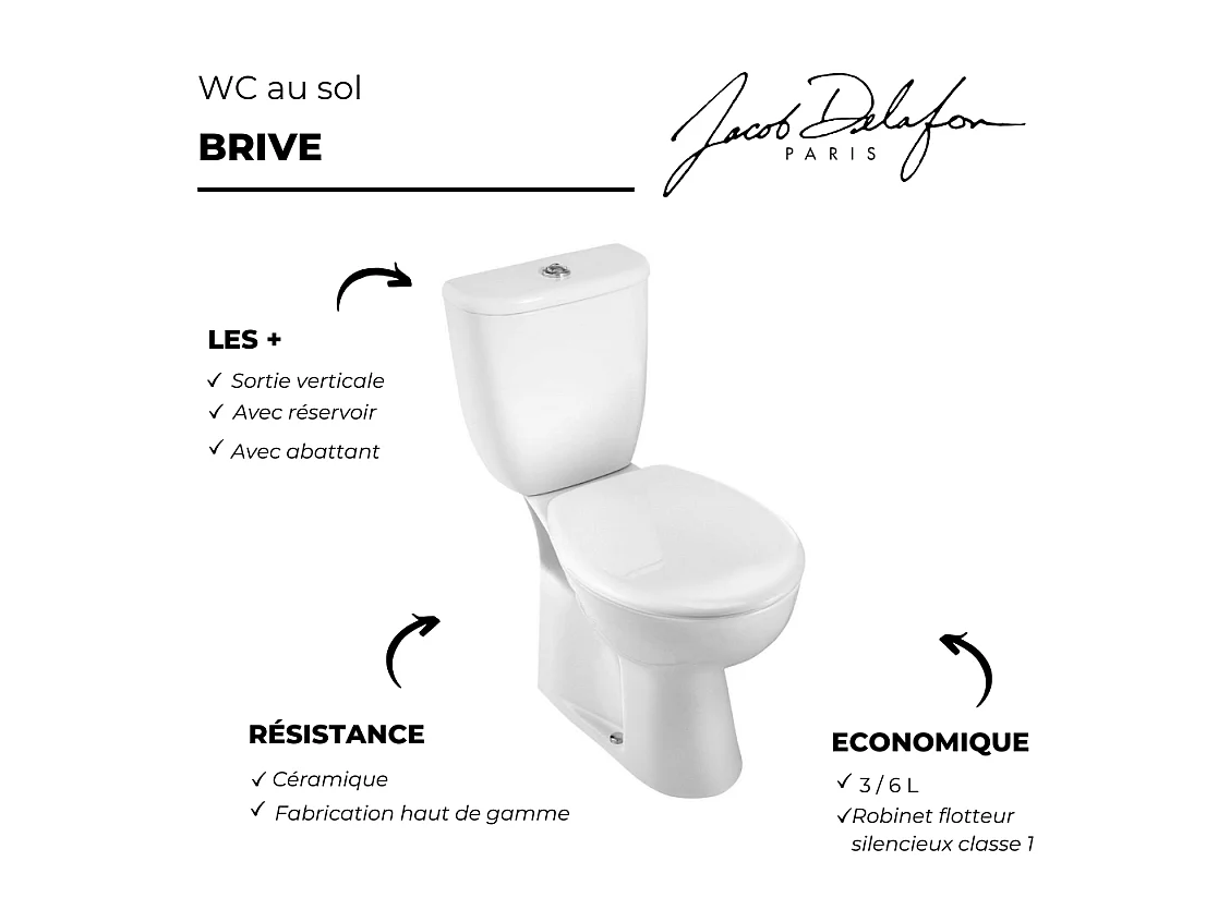 WC à poser sortie verticale JACOB DELAFON Brive 3 + réservoir + abattant
