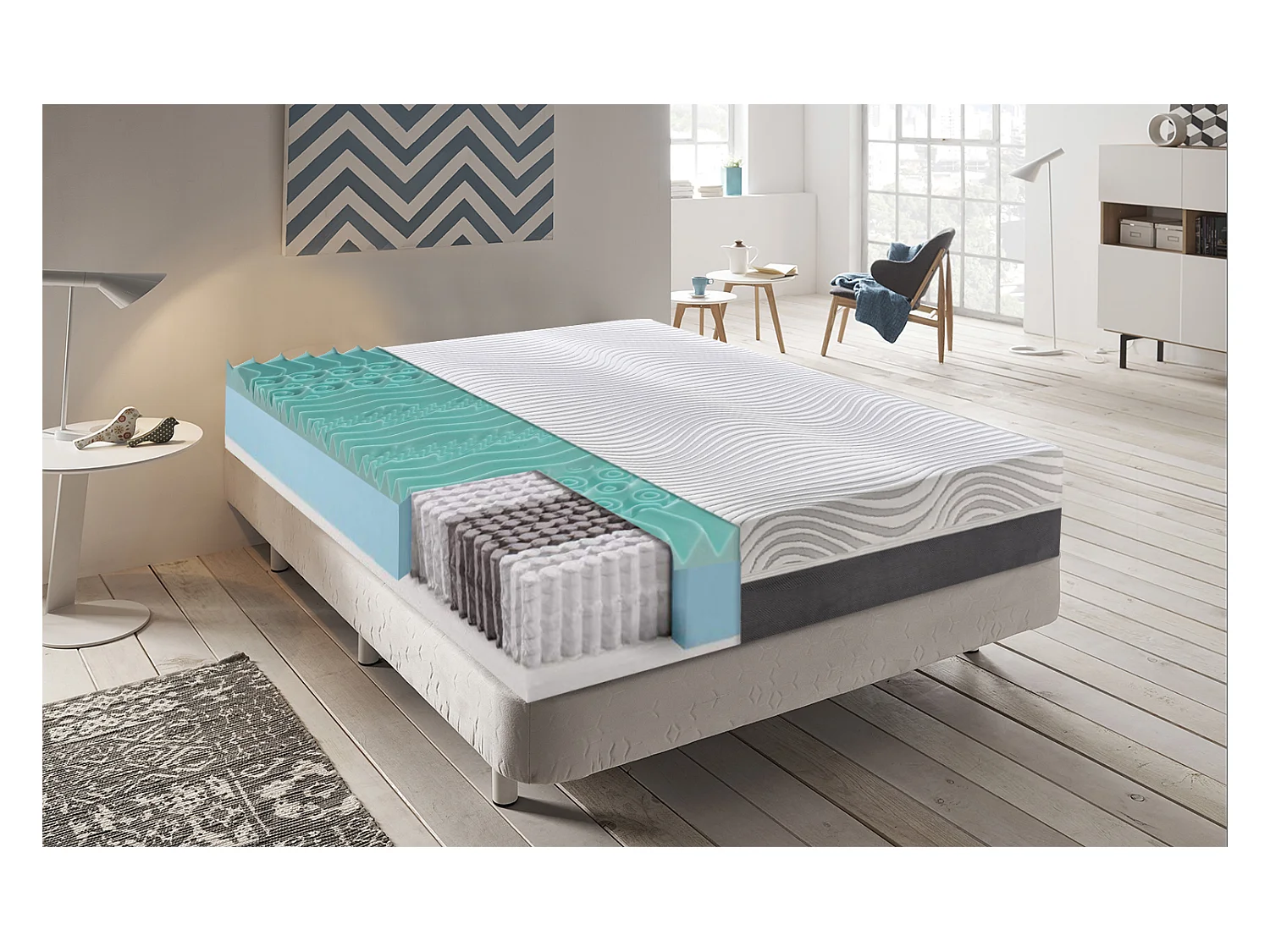 Matelas à ressorts ensachés - mémoire de forme - à 9 zones avec revêtement amovible modèle Bacio 135x190 cm