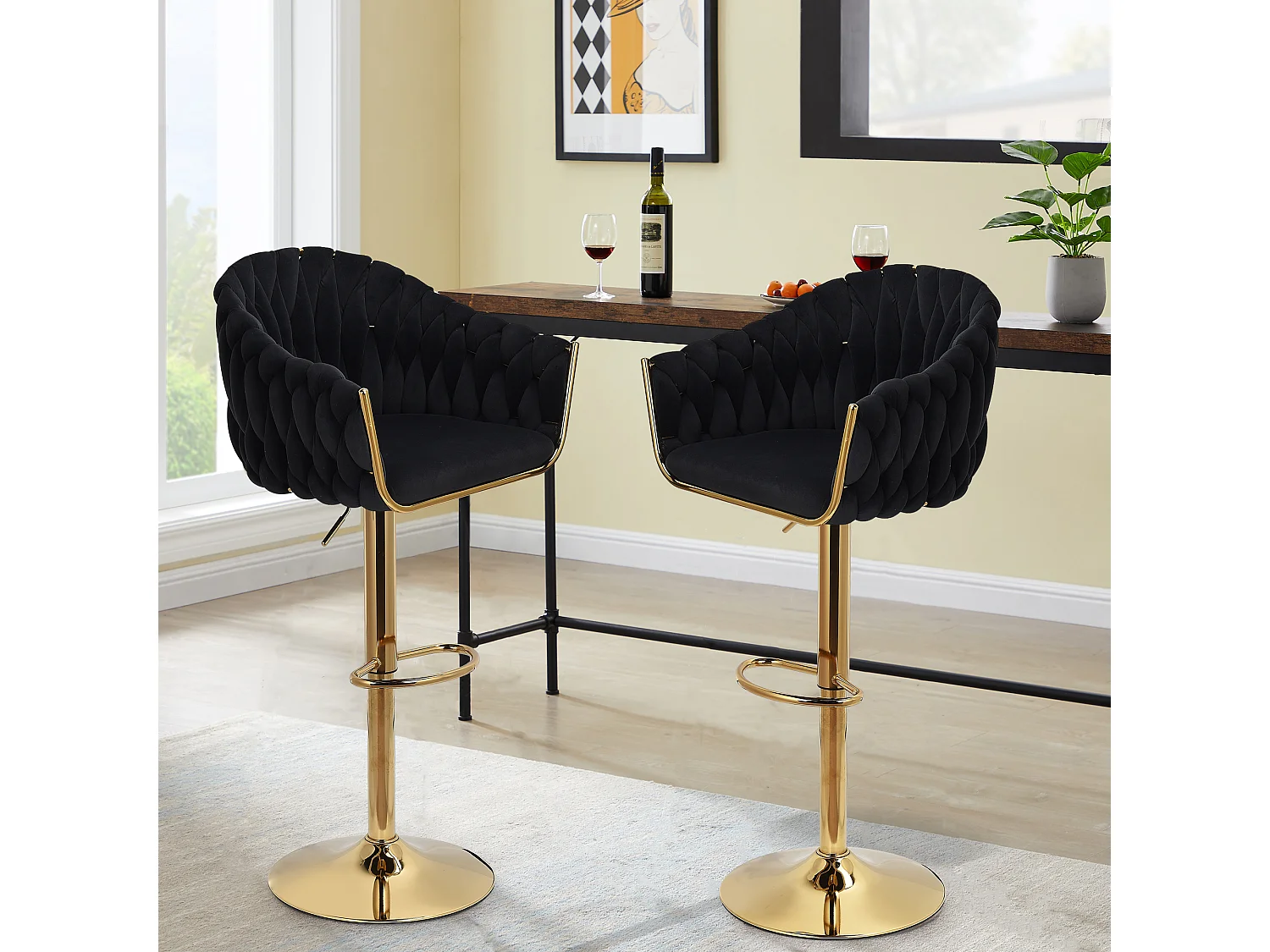 Lot de 2 Tabouret de Bar - Chaise Bar - pieds dorés - ergonomique - Velours - Noir