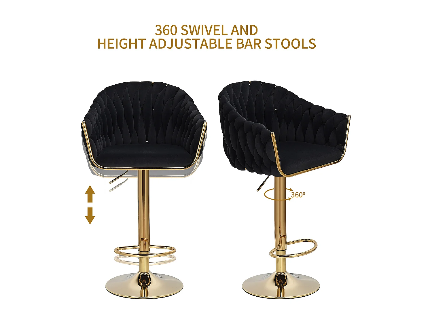 Lot de 2 Tabouret de Bar - Chaise Bar - pieds dorés - ergonomique - Velours - Noir