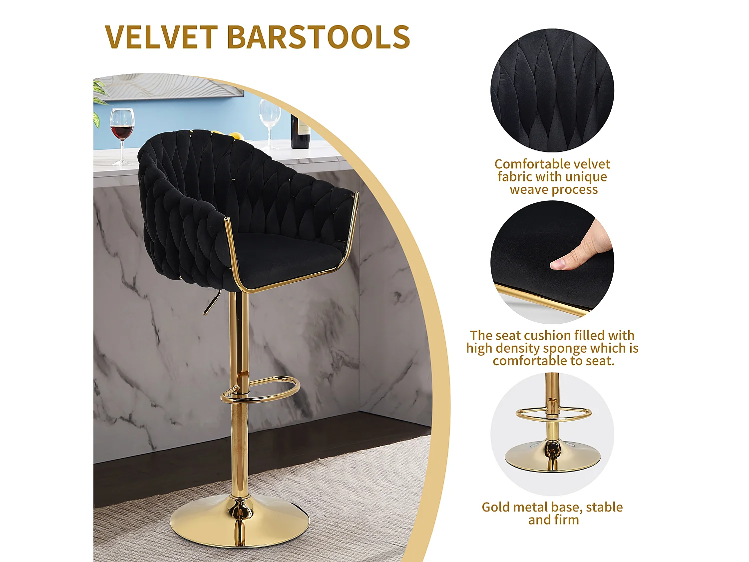 Lot de 2 Tabouret de Bar - Chaise Bar - pieds dorés - ergonomique - Velours - Noir