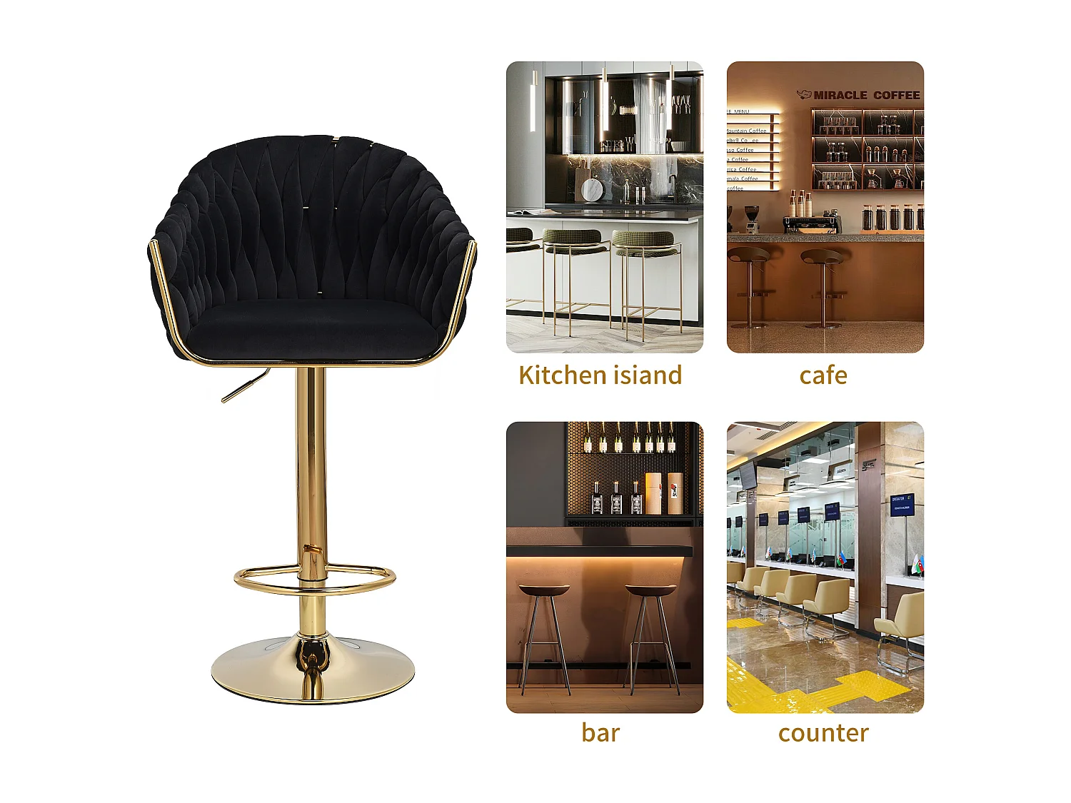 Lot de 2 Tabouret de Bar - Chaise Bar - pieds dorés - ergonomique - Velours - Noir