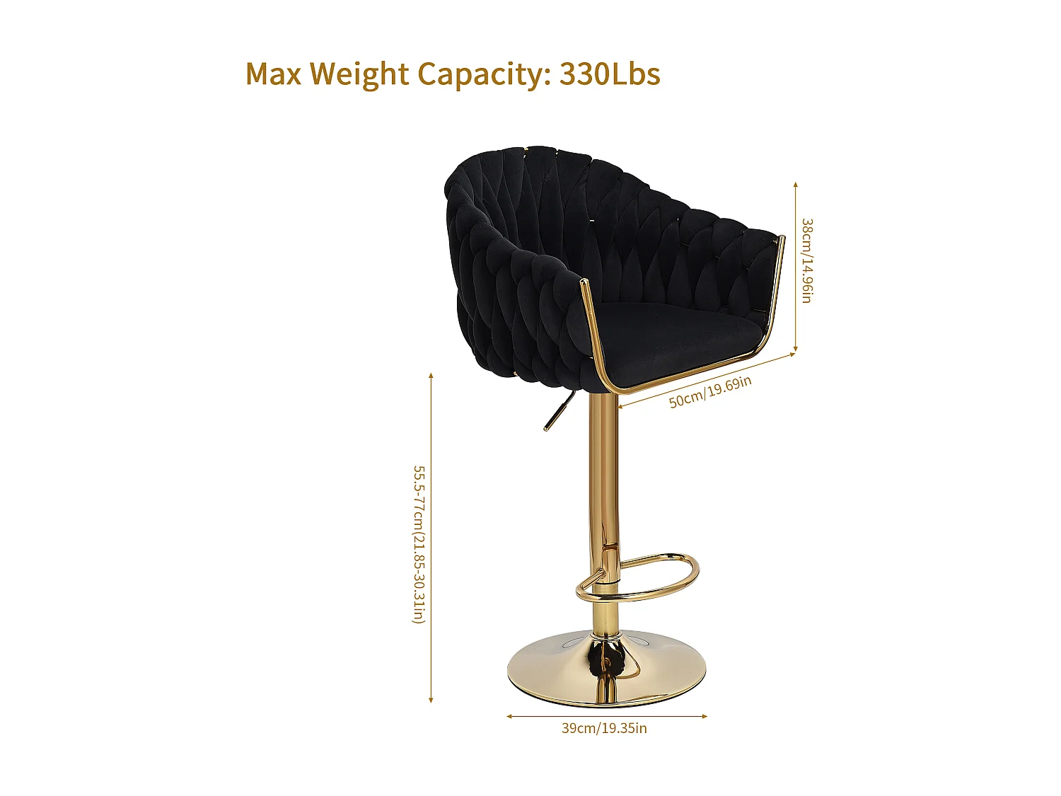 Lot de 2 Tabouret de Bar - Chaise Bar - pieds dorés - ergonomique - Velours - Noir