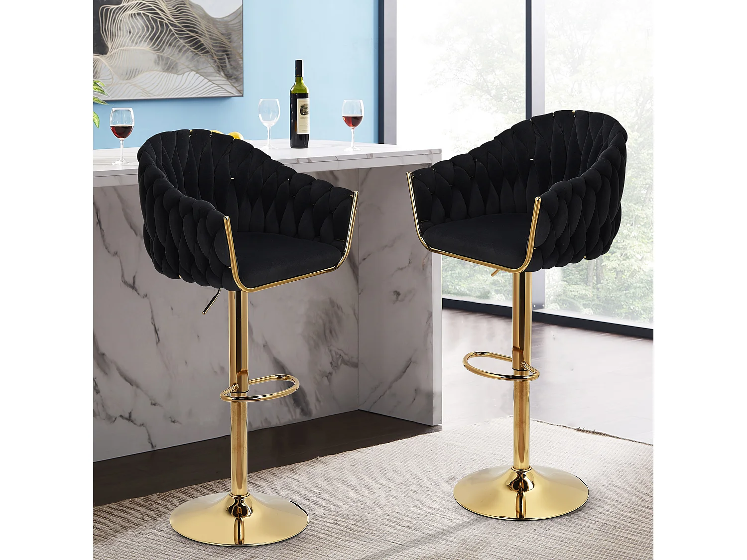 Lot de 2 Tabouret de Bar - Chaise Bar - pieds dorés - ergonomique - Velours - Noir