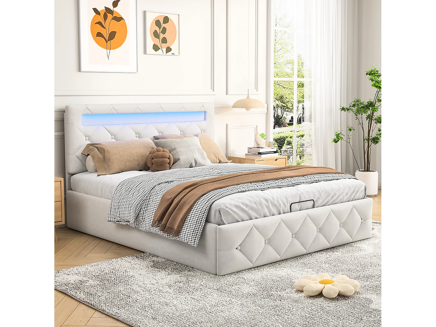 Letto 140x200cm con LED - Rete a doghe - Ampio contenitore - Testiera regolabile - Beige