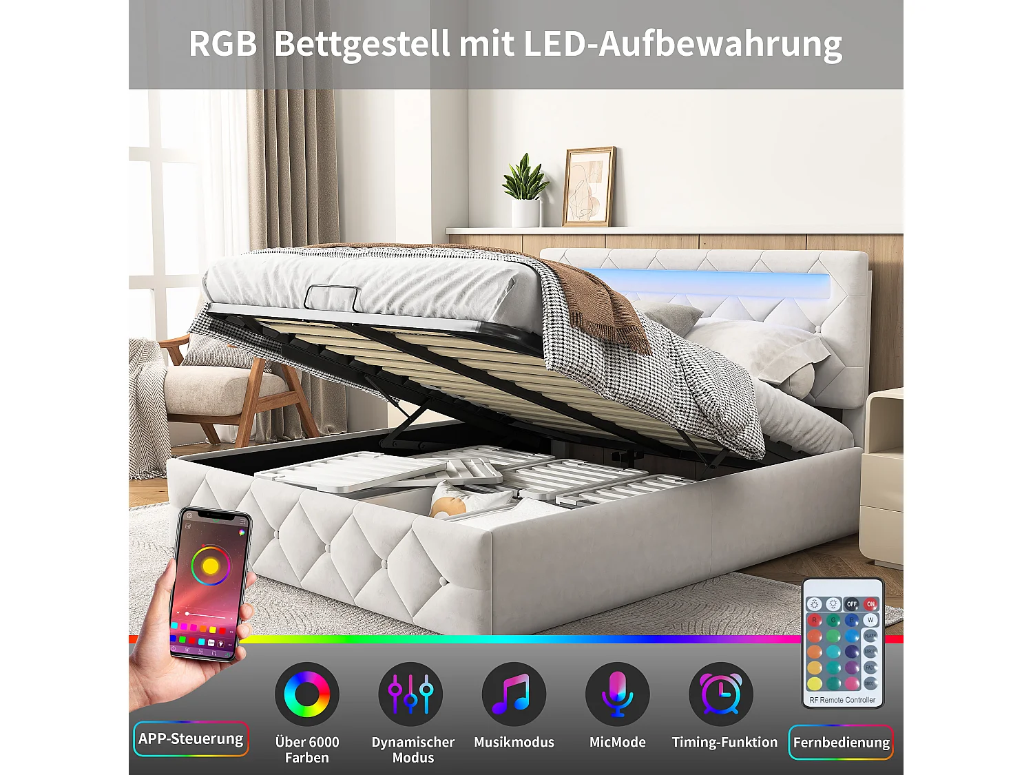 Bed 140x200cm met LED - Lattenbodem - Grote opbergruimte - Verstelbaar hoofdeinde - Beige