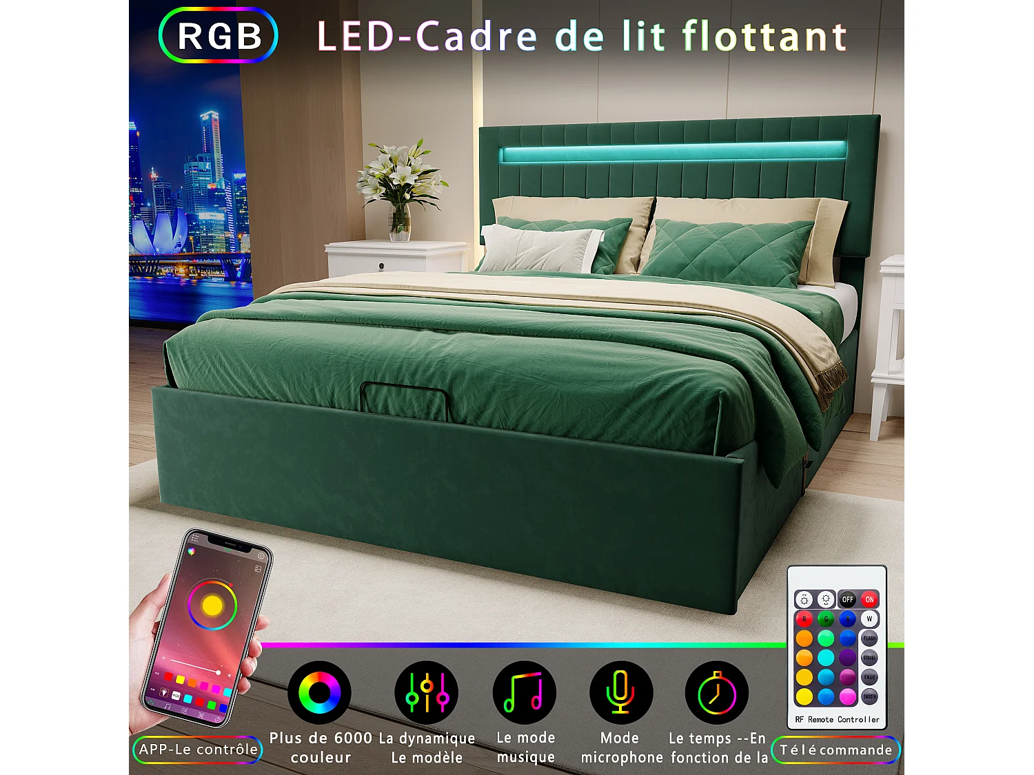 Lit Coffre 140x200cm - Rangement et éclairage LED - Sommier à Lattes - Tête de Lit Réglable - Vert