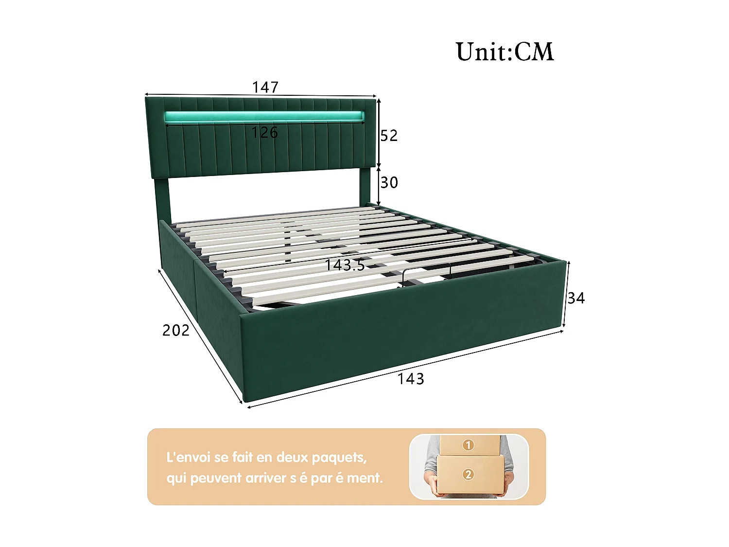 Lit Coffre 140x200cm - Rangement et éclairage LED - Sommier à Lattes - Tête de Lit Réglable - Vert