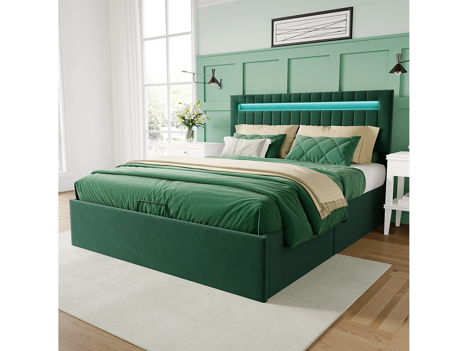 Lit Coffre 140x200cm - Rangement et éclairage LED - Sommier à Lattes - Tête de Lit Réglable - Vert