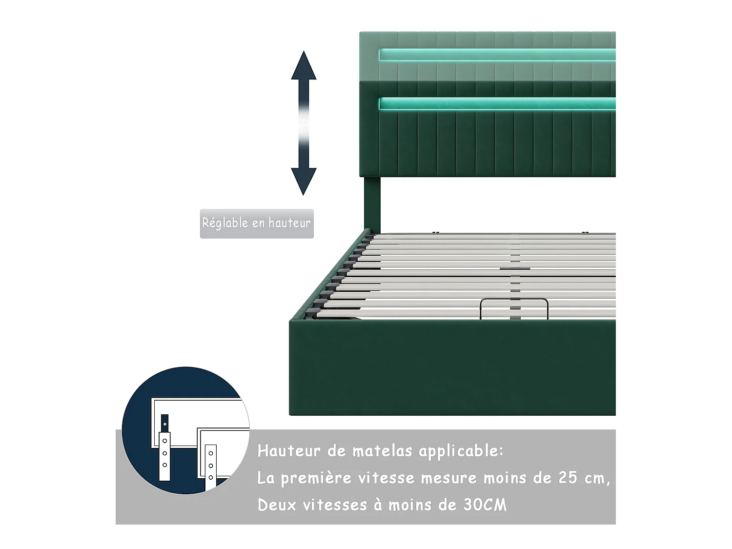 Opbergbed 140x200cm - Opbergruimte en LED-verlichting - Lattenbodem - Verstelbaar hoofdeinde - Groen