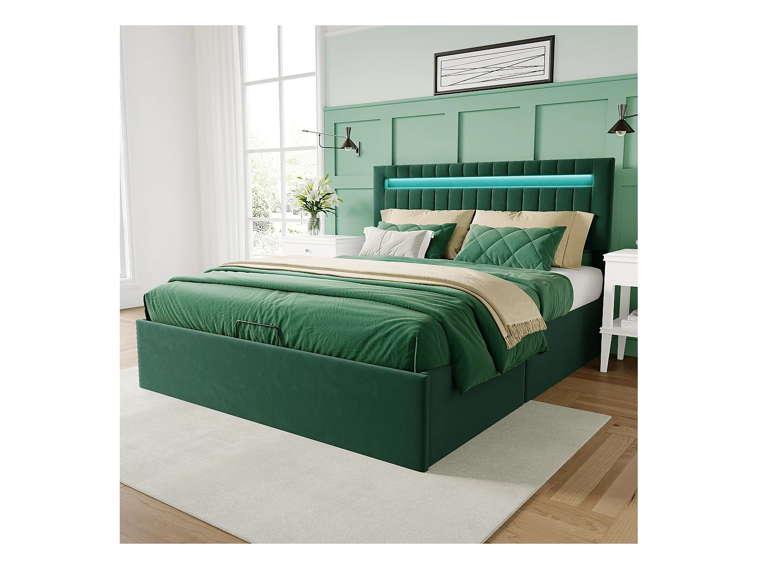 Opbergbed 140x200cm - Opbergruimte en LED-verlichting - Lattenbodem - Verstelbaar hoofdeinde - Groen