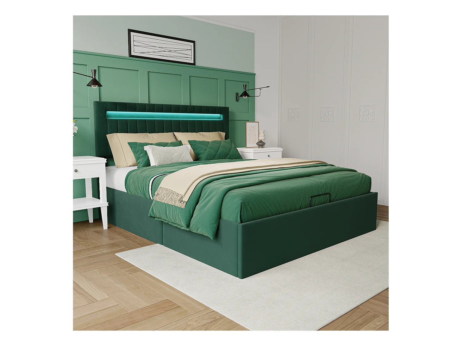 Opbergbed 140x200cm - Opbergruimte en LED-verlichting - Lattenbodem - Verstelbaar hoofdeinde - Groen
