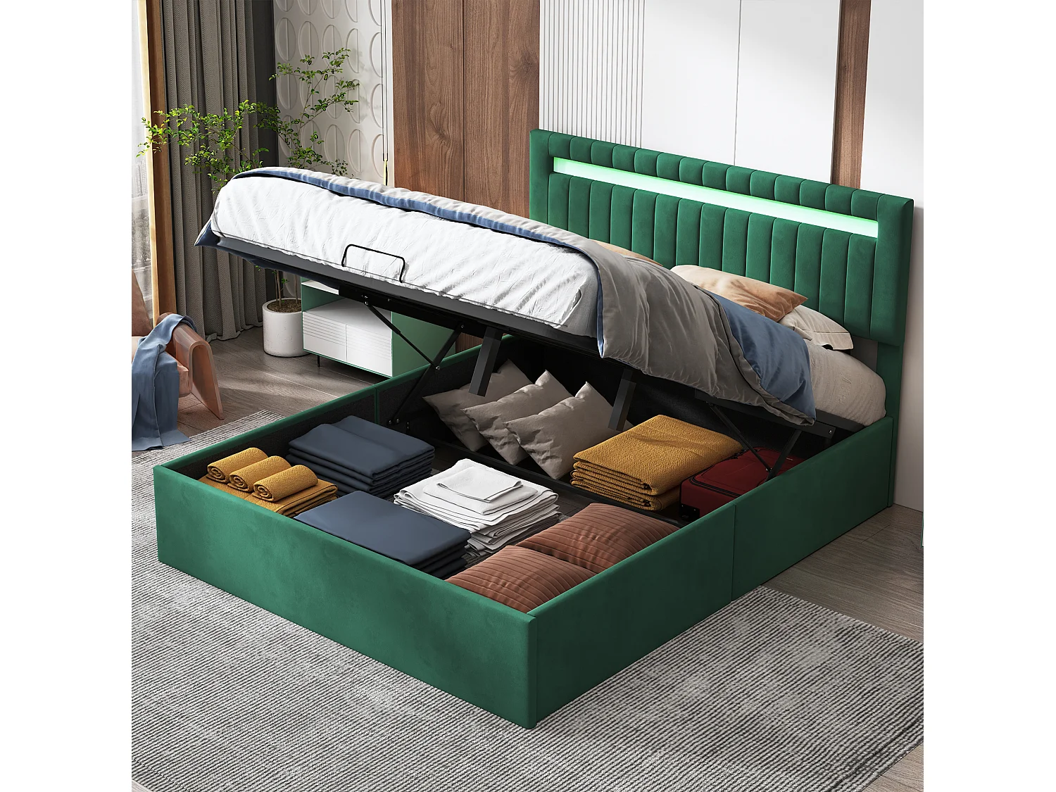 Bett mit Stauraum 140x200cm - Stauraum und LED-Beleuchtung - Lattenrost - Verstellbares Kopfteil - Grün