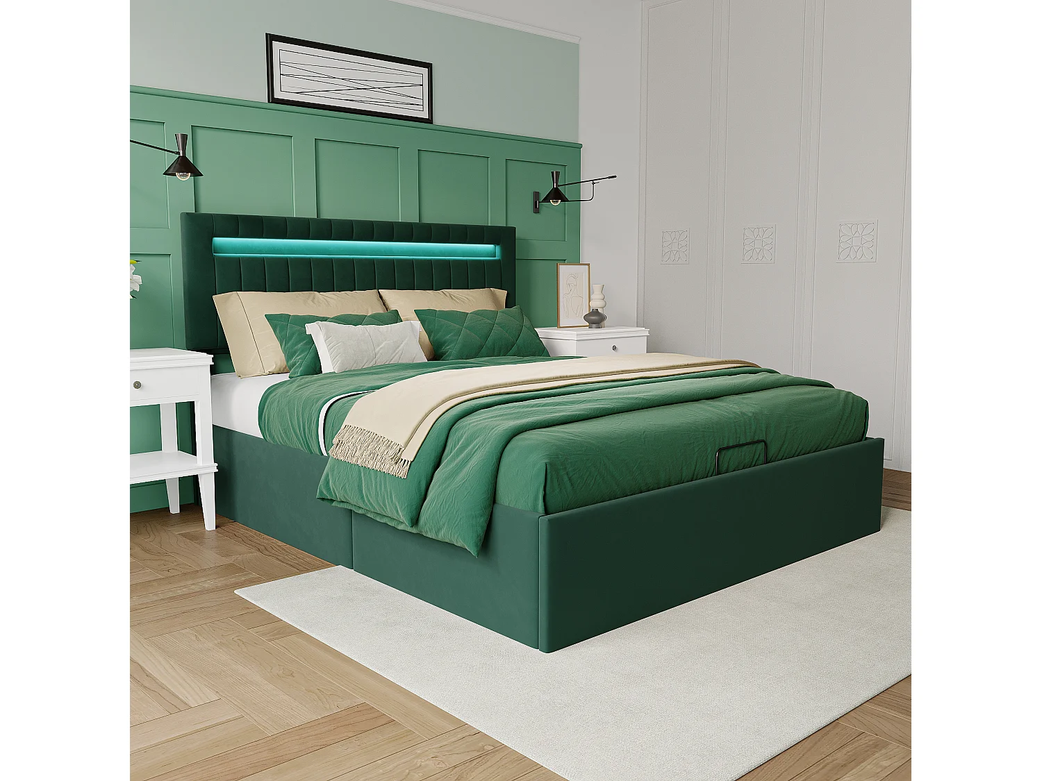 Bett mit Stauraum 140x200cm - Stauraum und LED-Beleuchtung - Lattenrost - Verstellbares Kopfteil - Grün