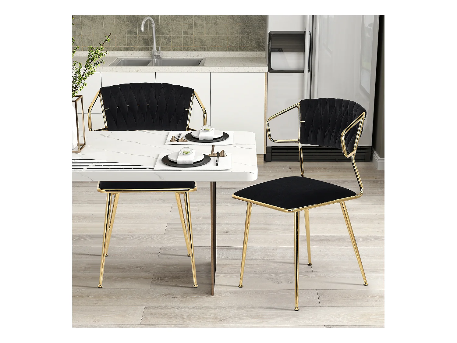 Lot de 2 chaises en velours et métal- Chaise de Cuisine pour Restaurant et Salle à Manger - Noir