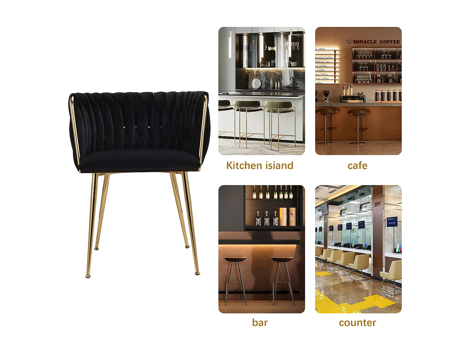 Set van 2 stoelen met rugleuning - Moderne fluwelen eettafelstoel, voor keuken, slaapkamer, kaptafel - Zwart