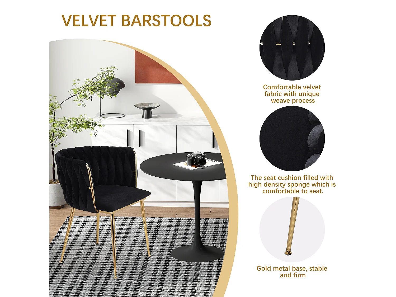 Lot de 2 Chaises avec Dossier - Chaise Table a Manger en Velours Moderne, pour la Vanité de la Chambre de Cuisine - noir