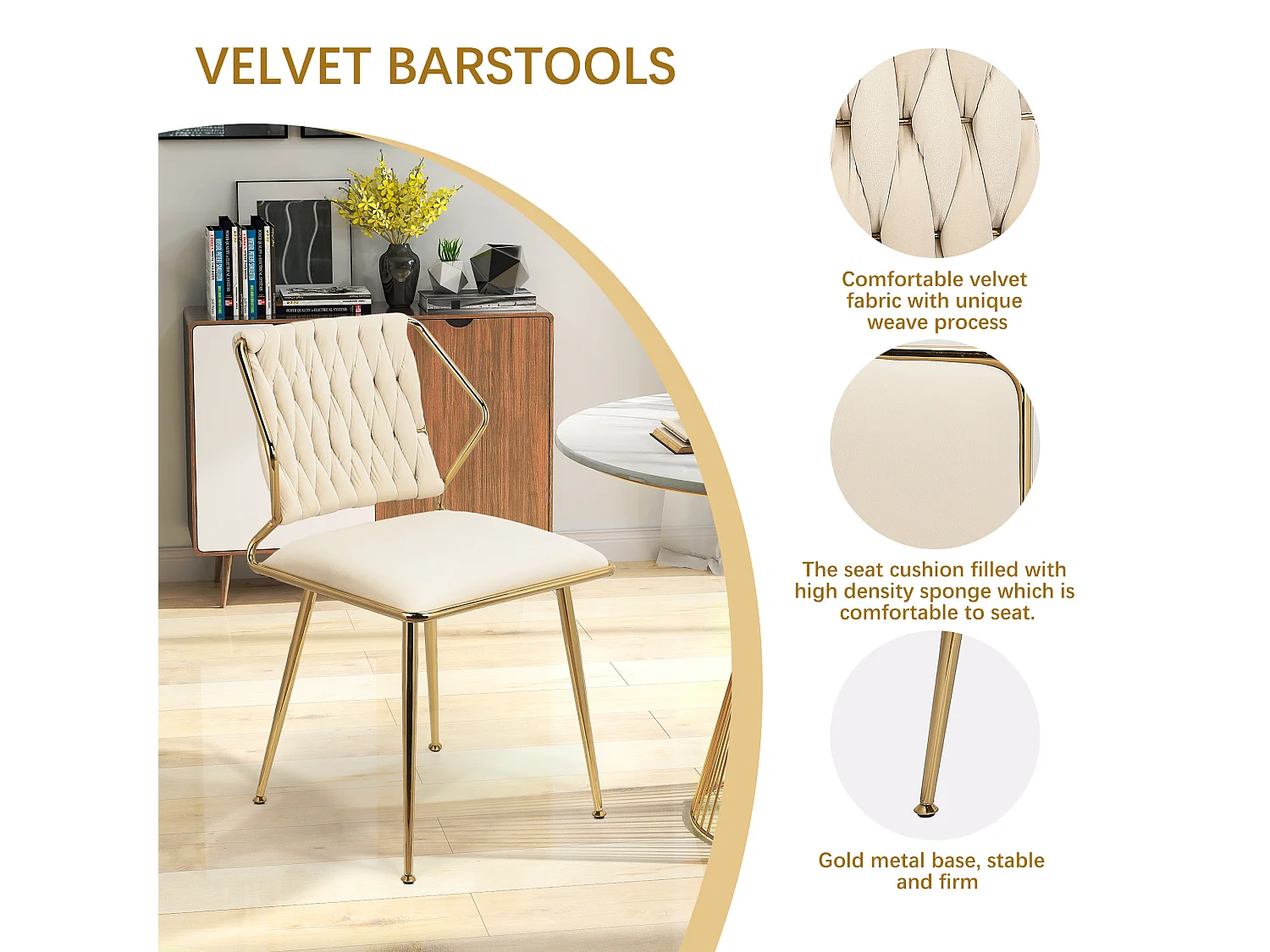 Lot de 2 chaises en velours et métal - pour la Vanité de la Chambre de Cuisine - Beige