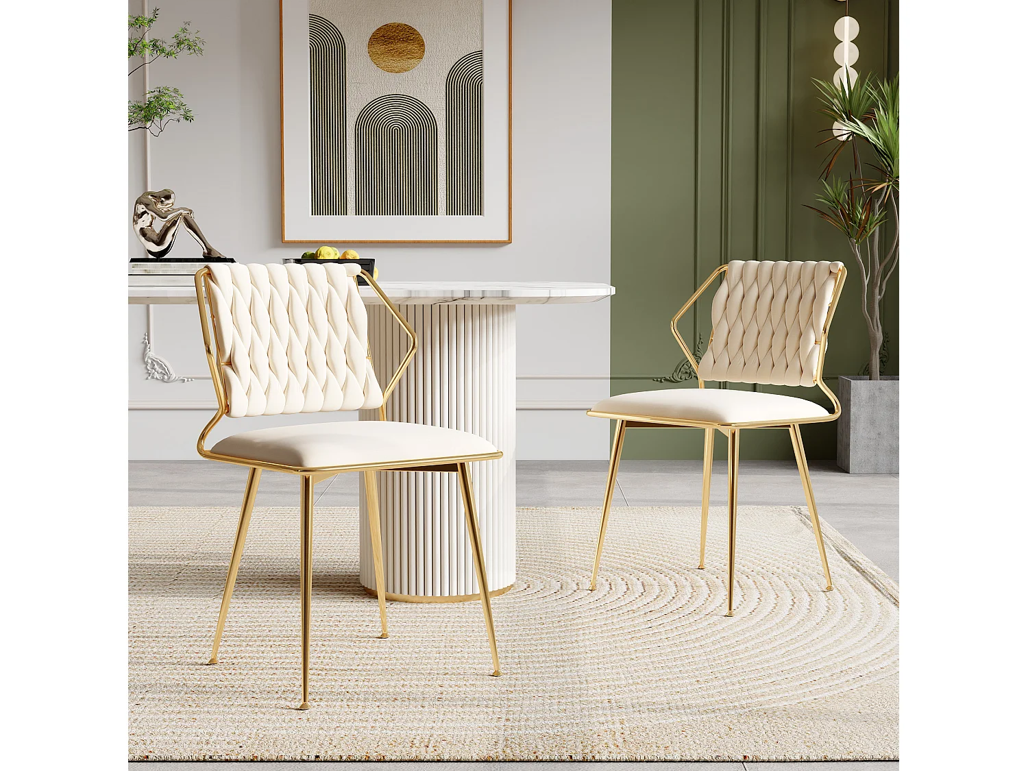 Lot de 2 chaises en velours et métal - pour la Vanité de la Chambre de Cuisine - Beige