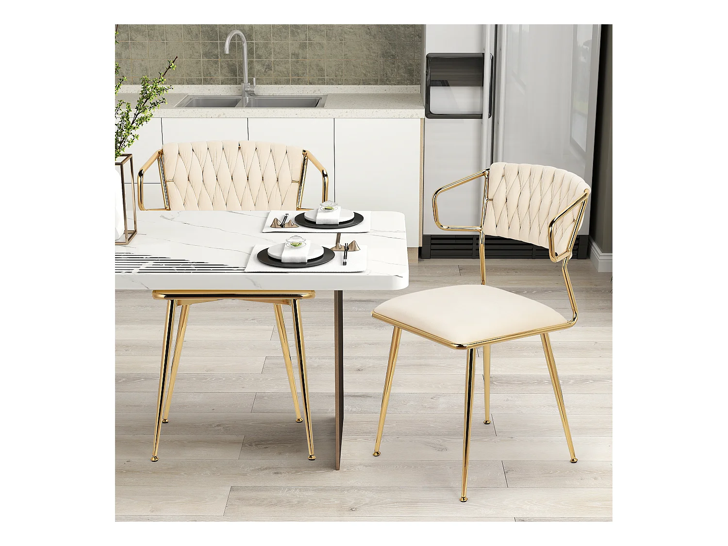 Lot de 2 chaises en velours et métal- Chaise de Cuisine pour Restaurant et Salle à Manger - Beige