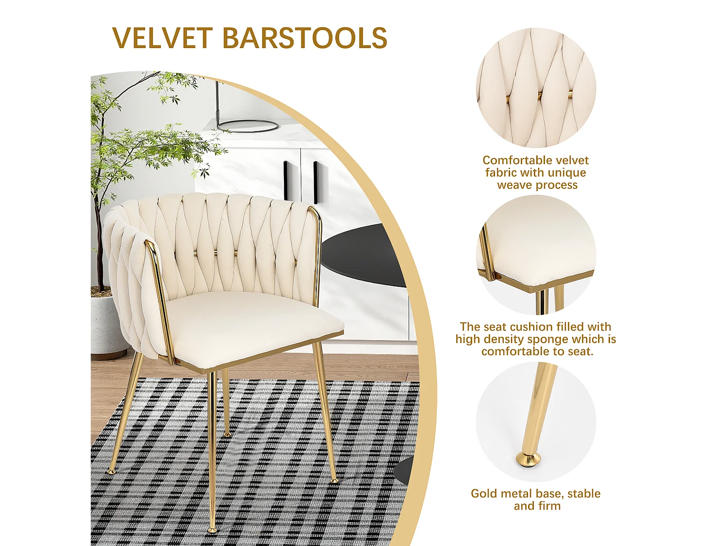 Lot de 2 Chaises avec Dossier - Chaise Table a Manger en Velours Moderne, pour la Vanité de la Chambre de Cuisine - Beige