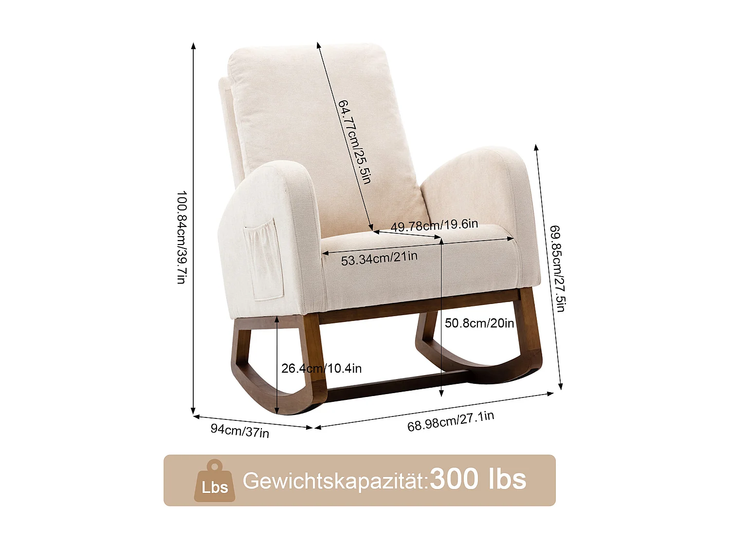 Schaukelstuhl - Gepolsterte Rückenlehne - Holzbeine - Skandinavischer Stil - Beige