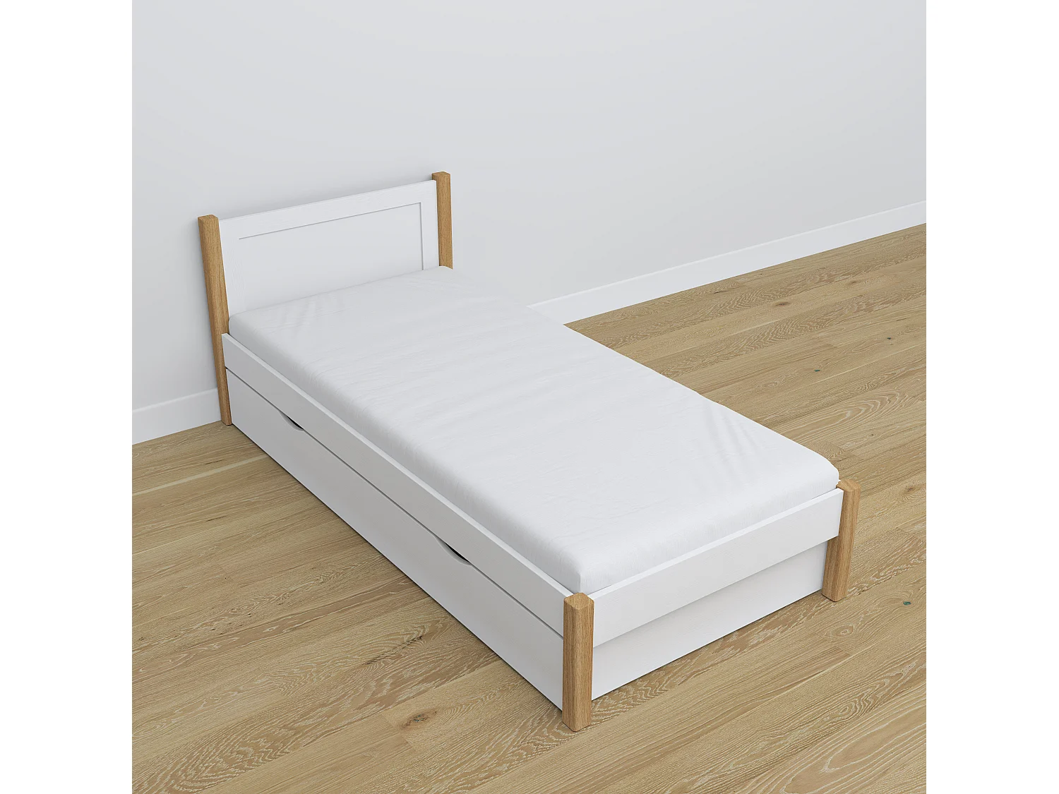 Lit simple en bois - avec tiroir N02 Blanc / Chêne Naturel 100x190