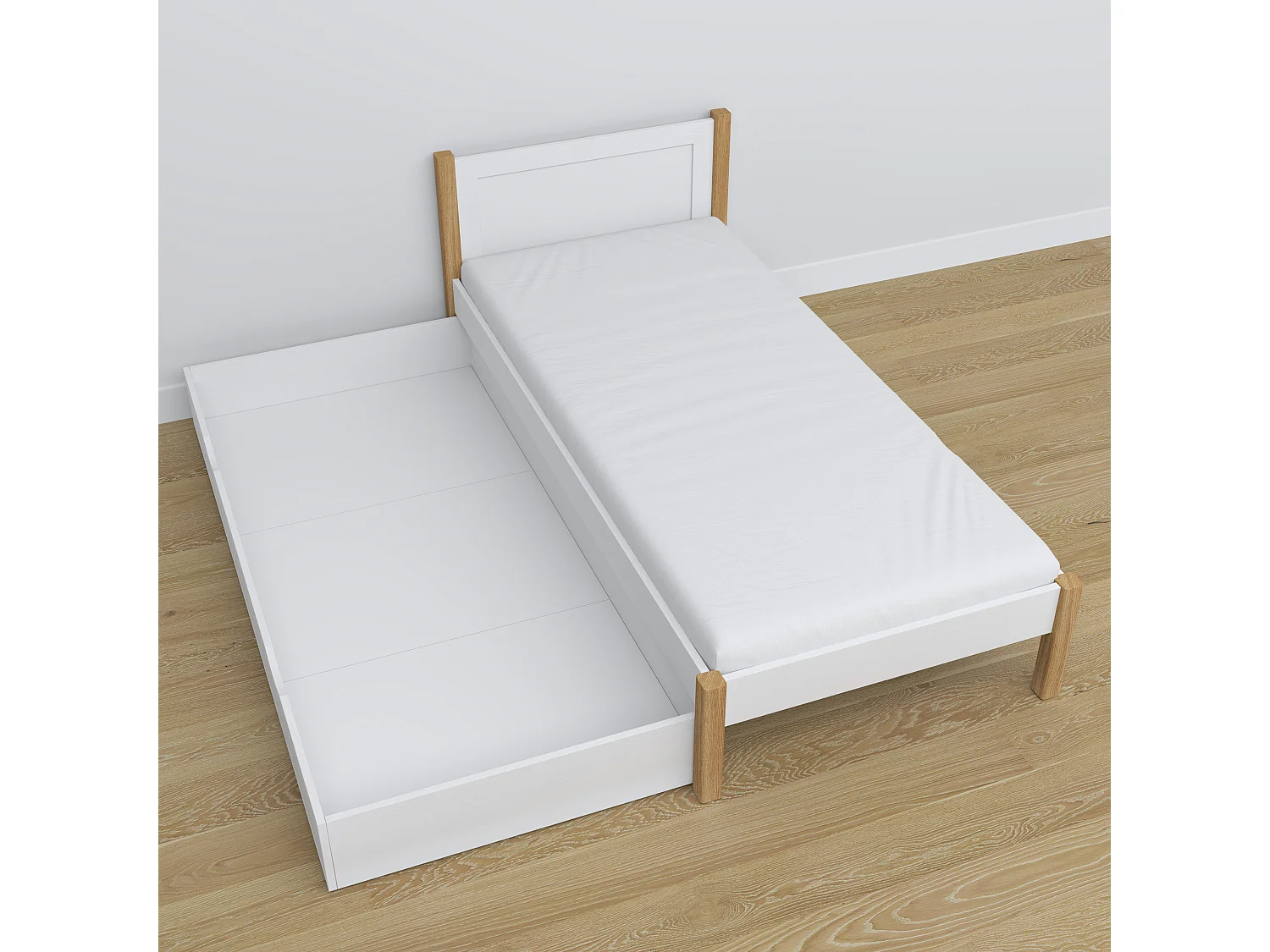 Lit simple en bois - avec tiroir N02 Blanc / Chêne Naturel 100x190