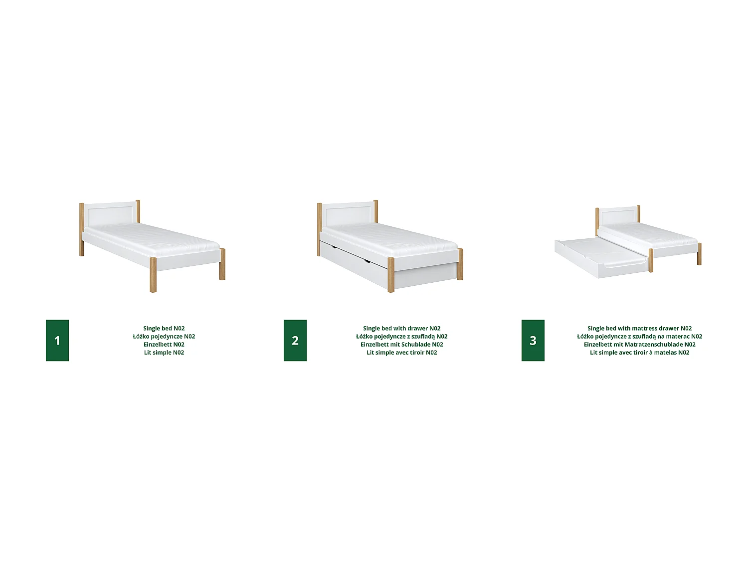 Lit simple en bois - avec tiroir N02 Blanc / Chêne Naturel 100x190