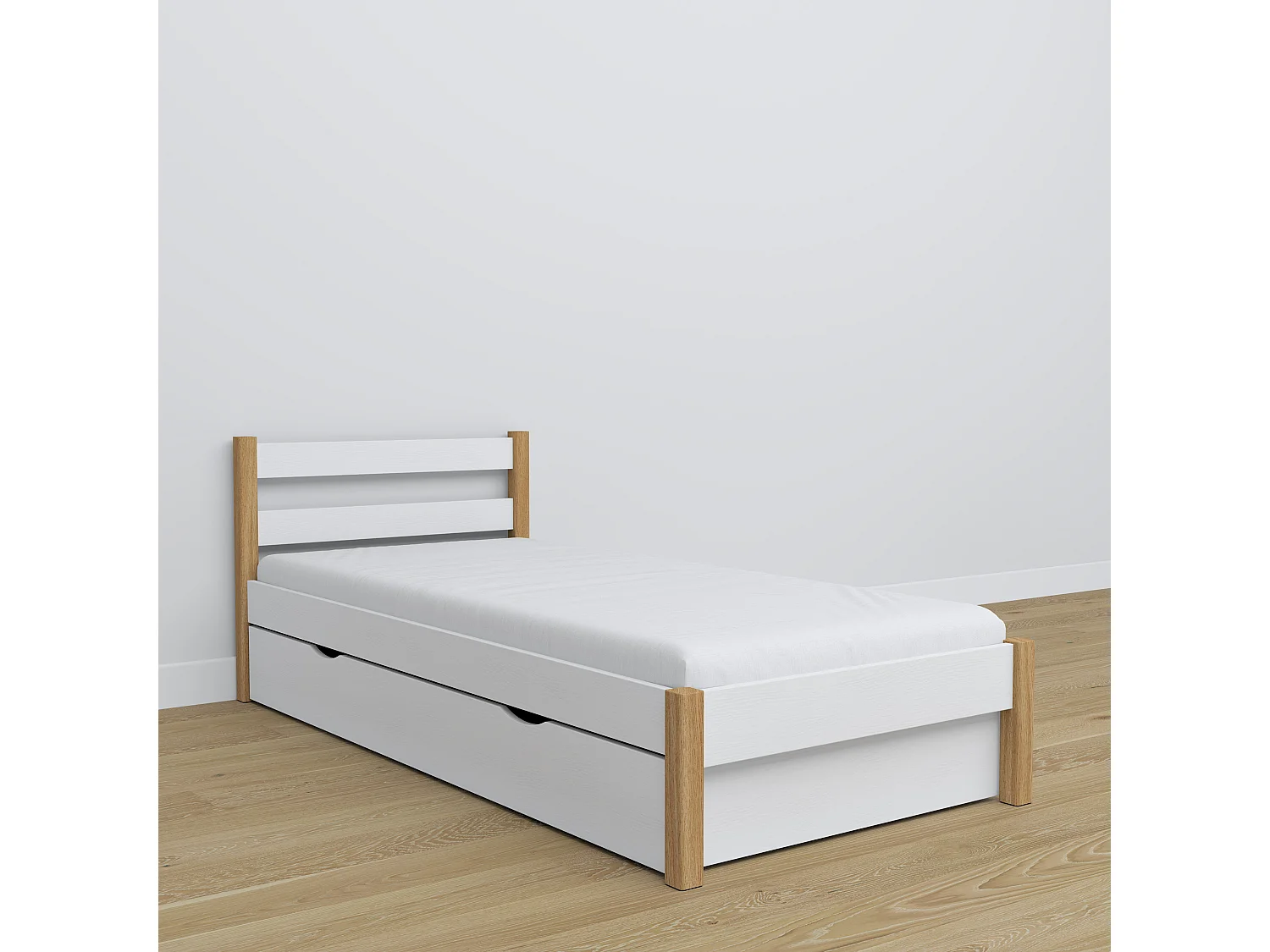 Lit simple en bois - avec tiroir N01 Blanc / Chêne Naturel 100x180